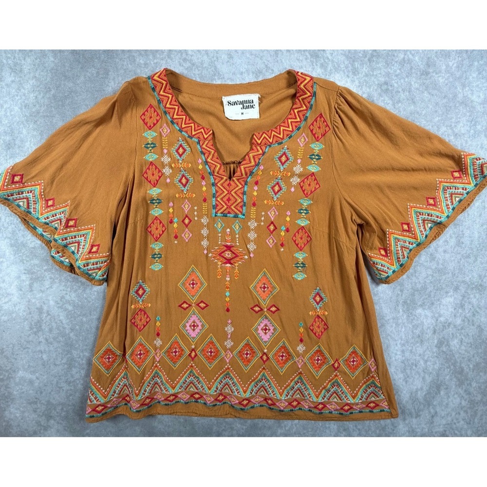 Savanna Jane Womens Medium Blouse Rayon Goldenrod Embroidered Boho Bell Sleeve